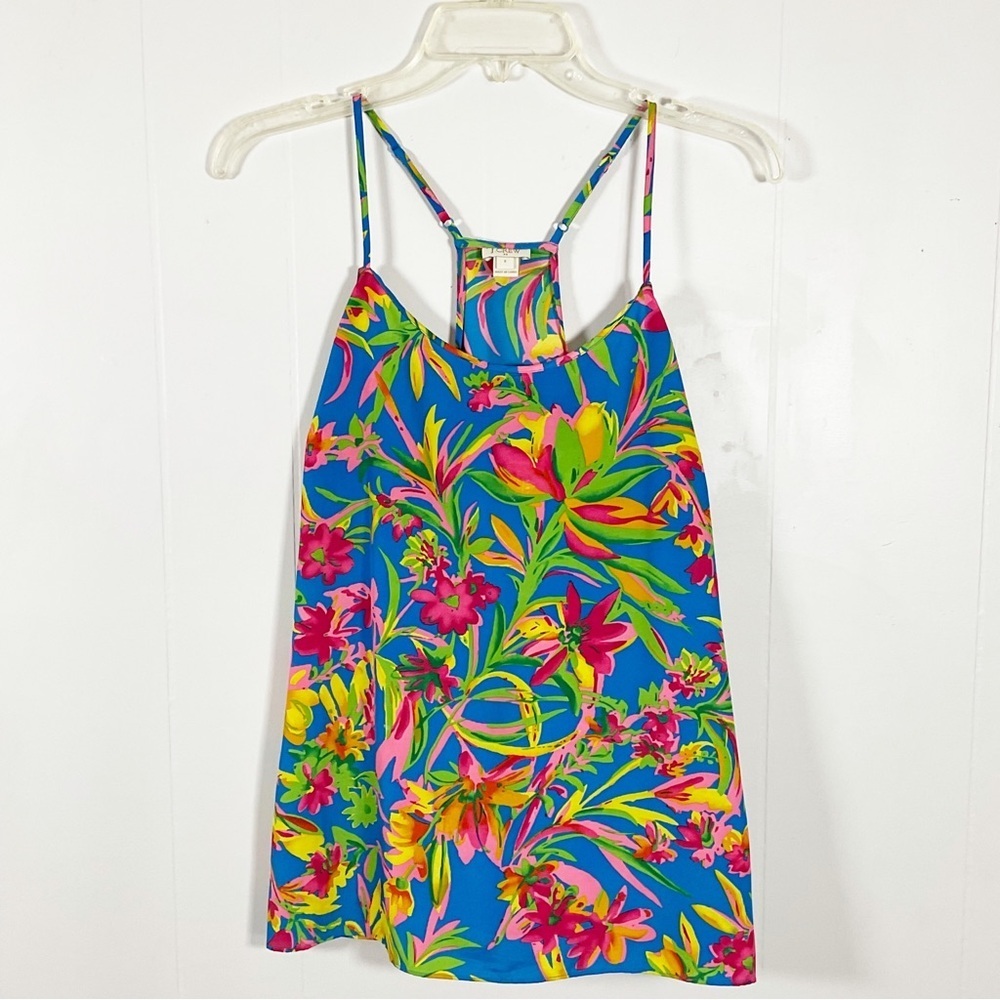 J Crew Floral Razor Back Tank Top Size Small Blue Vacation